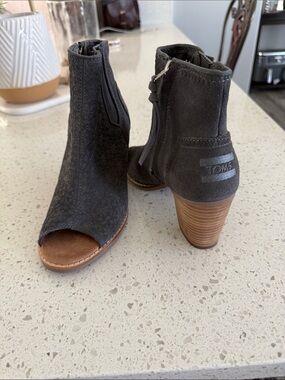 TOMS Charcoal Suede Peep-Toe Stacked Heel Ankle Boots